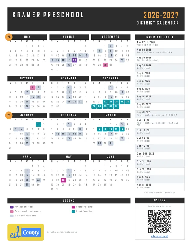 Kramer Preschool printable 2026-27 calendar