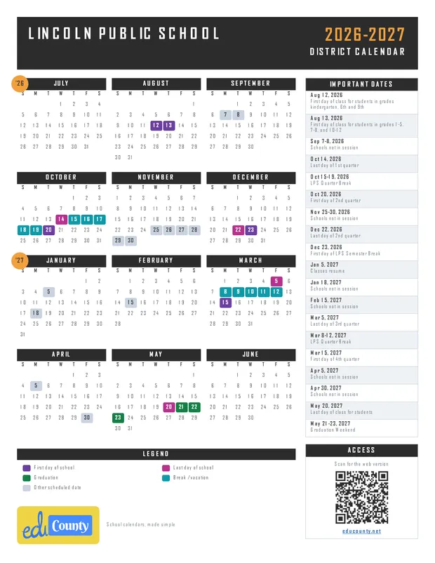 Lincoln Public School LPS printable 2026-27 calendar