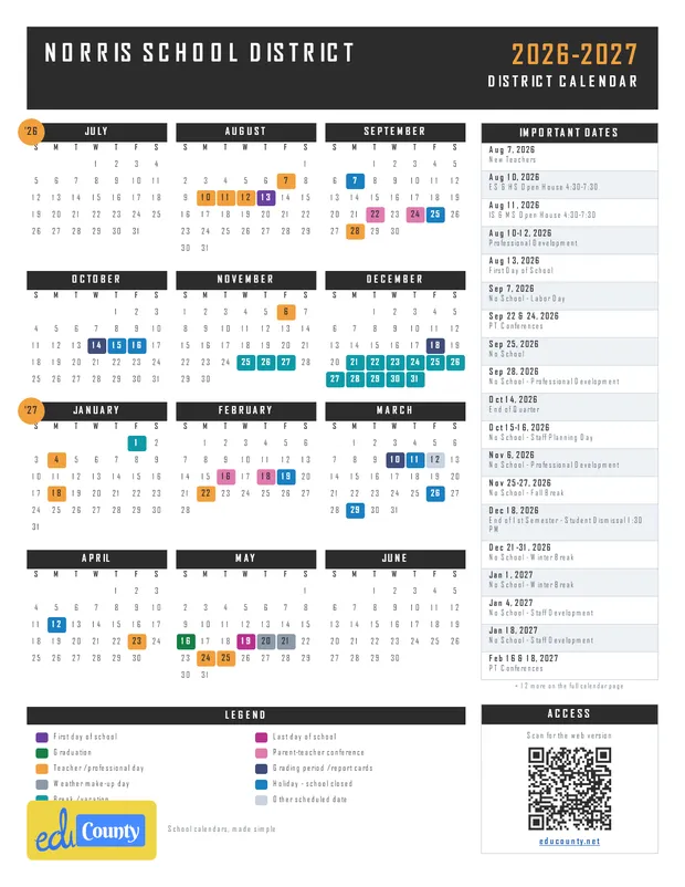 Norris School District printable 2026-27 calendar