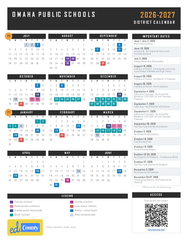 Omaha Public Schools printable 2026-27 calendar