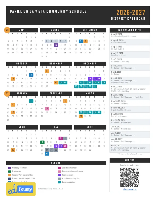 Papillion La Vista Community Schools printable 2026-27 calendar