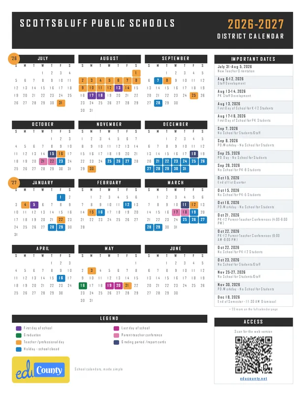 Scottsbluff Public Schools printable 2026-27 calendar