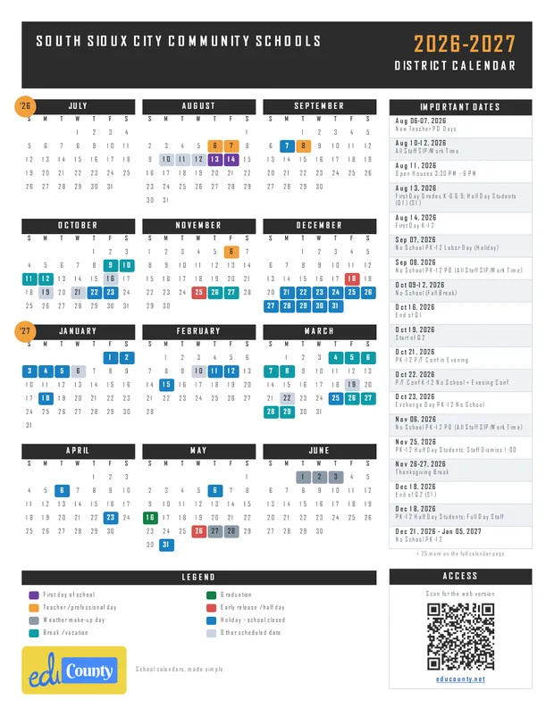 South Sioux City Community Schools printable 2026-27 calendar
