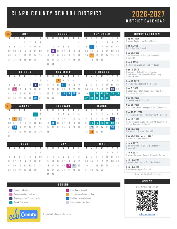 Clark County School District printable 2026-27 calendar