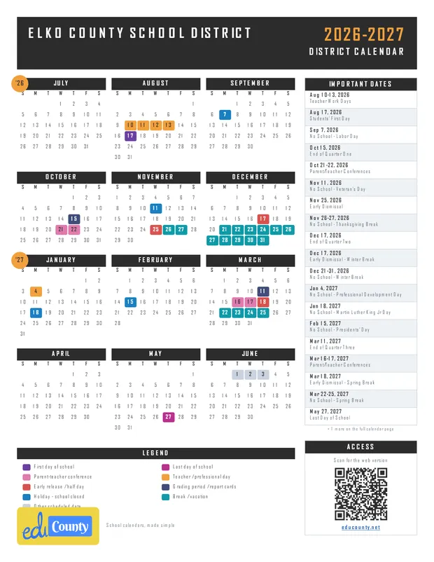 ELKO COUNTY SCHOOL DISTRICT printable 2026-27 calendar