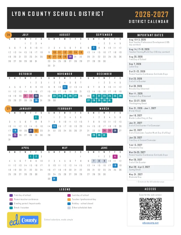 Lyon County School District printable 2026-27 calendar