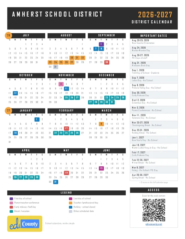 Amherst School District printable 2026-27 calendar