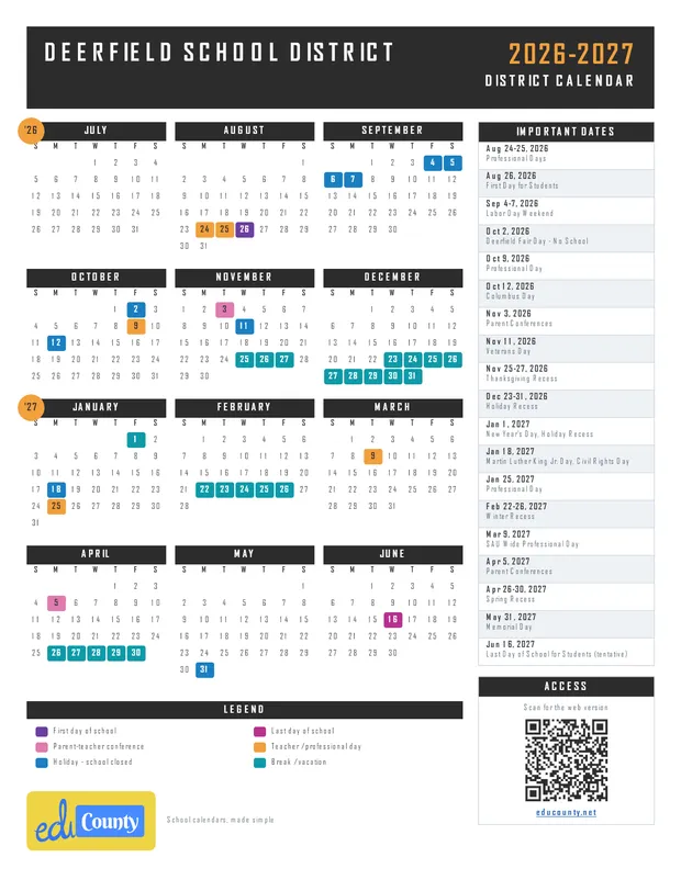 Deerfield School District printable 2026-27 calendar