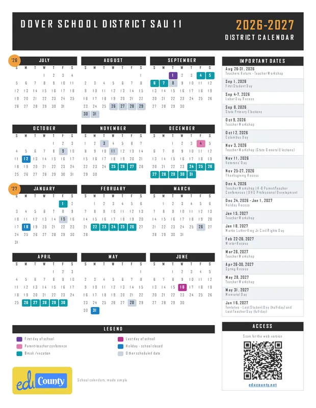 Dover School District SAU 11 printable 2026-27 calendar