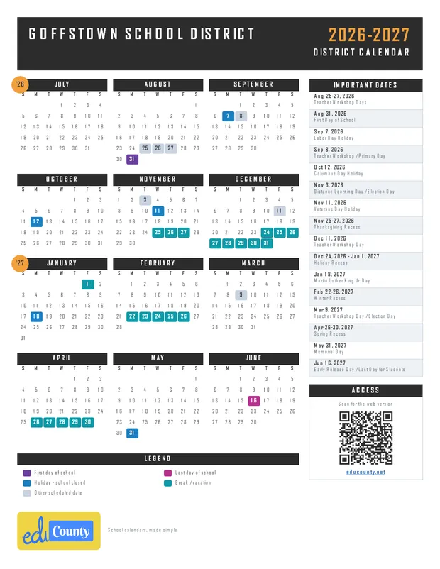 Goffstown School District printable 2026-27 calendar