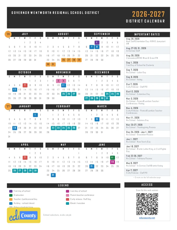 Governor Wentworth Regional School District printable 2026-27 calendar