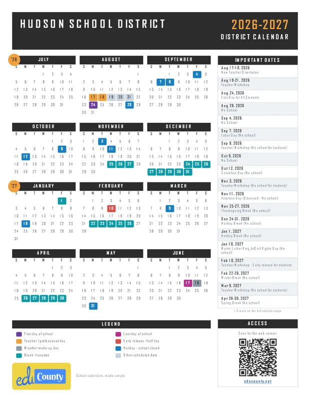 Hudson School District printable 2026-27 calendar