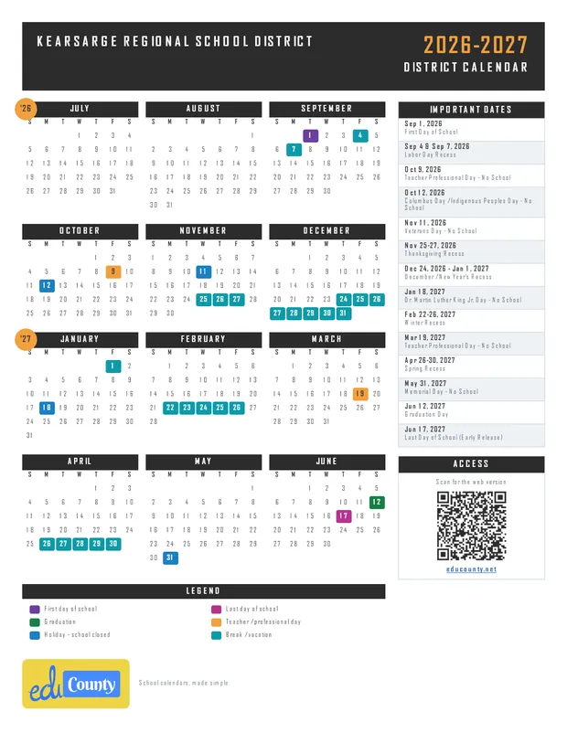 Kearsarge Regional School District printable 2026-27 calendar