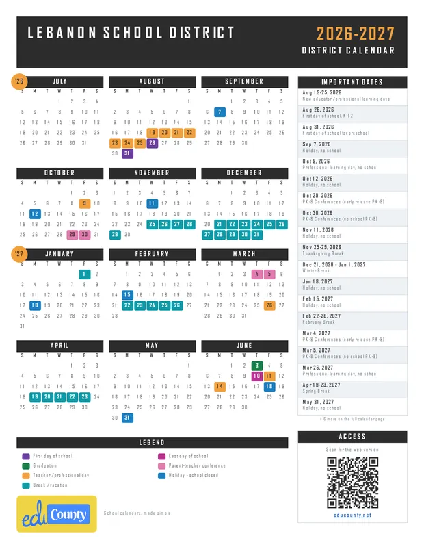 Lebanon School District printable 2026-27 calendar