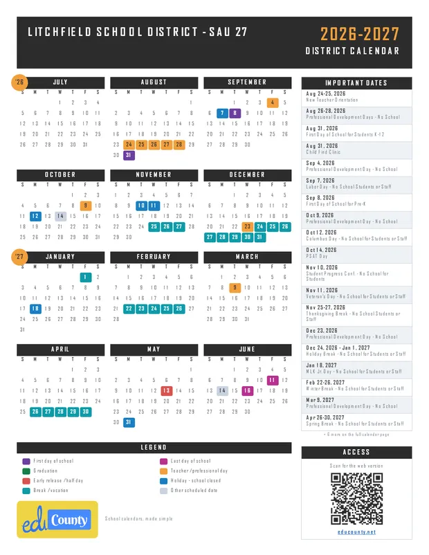 Litchfield School District - SAU 27 printable 2026-27 calendar