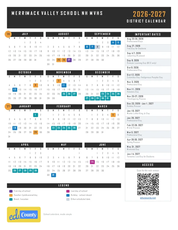 Merrimack Valley School NH mvhs printable 2026-27 calendar