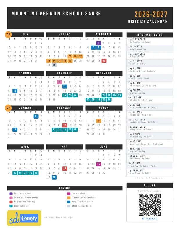 Mount MT Vernon School SAU39 printable 2026-27 calendar