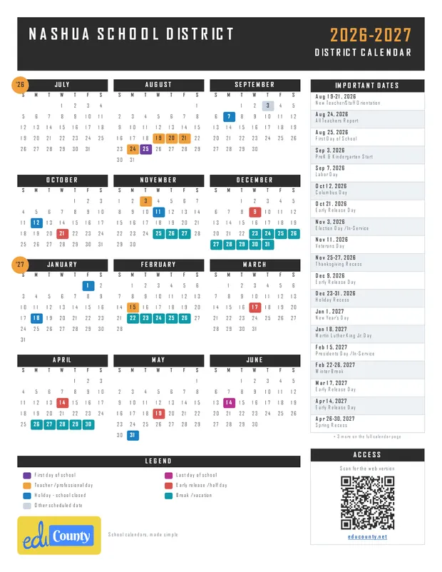 Nashua School District printable 2026-27 calendar