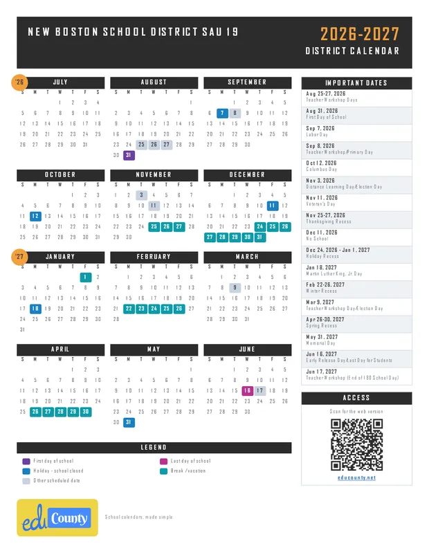 New Boston School District SAU 19 printable 2026-27 calendar