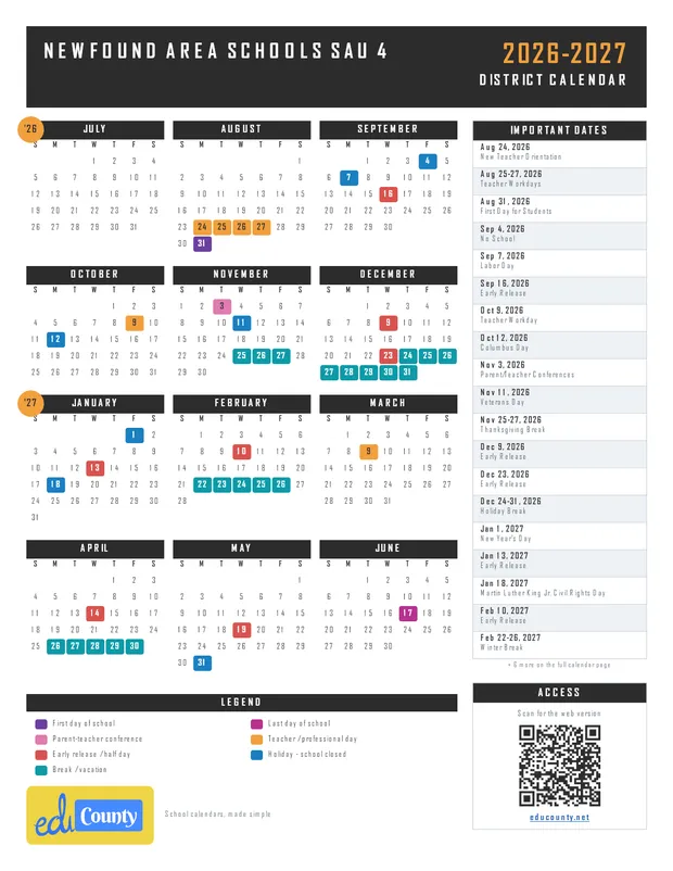 Newfound Area Schools SAU 4 printable 2026-27 calendar