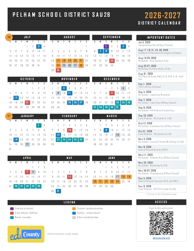 Pelham School District SAU28 printable 2026-27 calendar