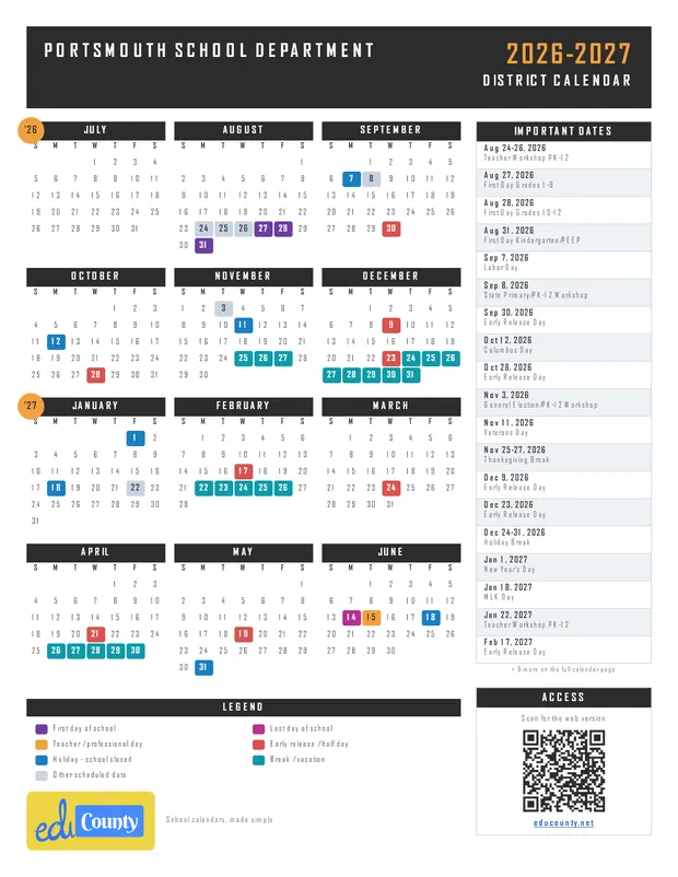 Portsmouth School Department printable 2026-27 calendar