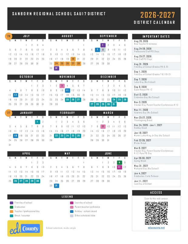Sanborn Regional School SAU17 District printable 2026-27 calendar