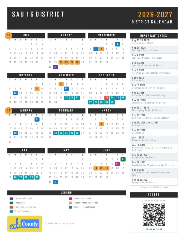 SAU 16 District printable 2026-27 calendar