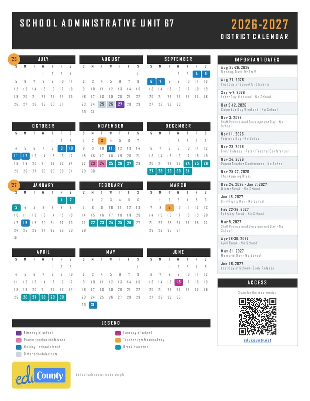 School Administrative Unit 67 printable 2026-27 calendar