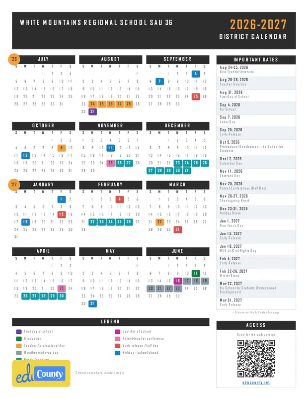 White Mountains Regional School SAU 36 printable 2026-27 calendar