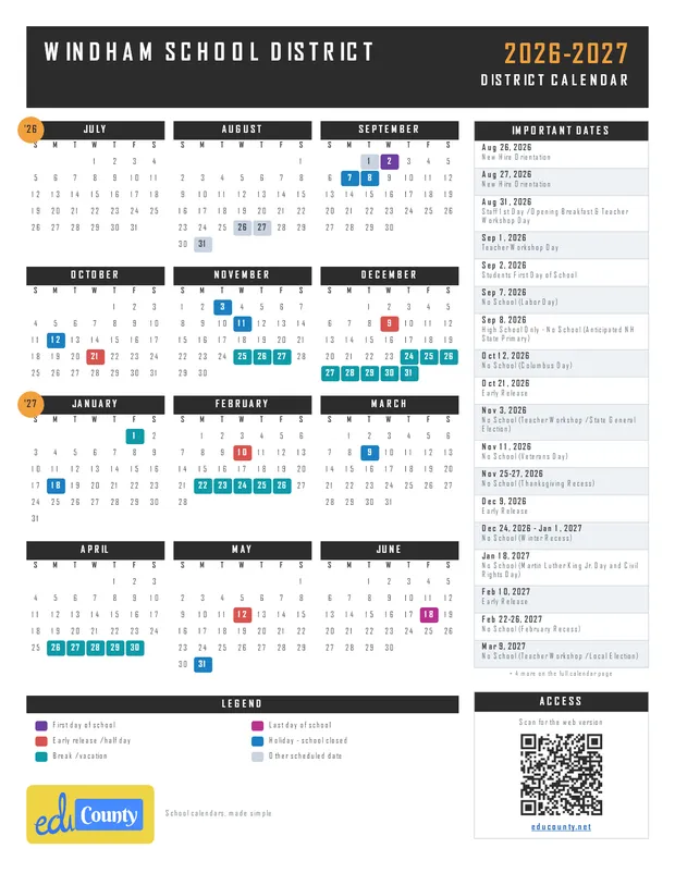 Windham School District printable 2026-27 calendar