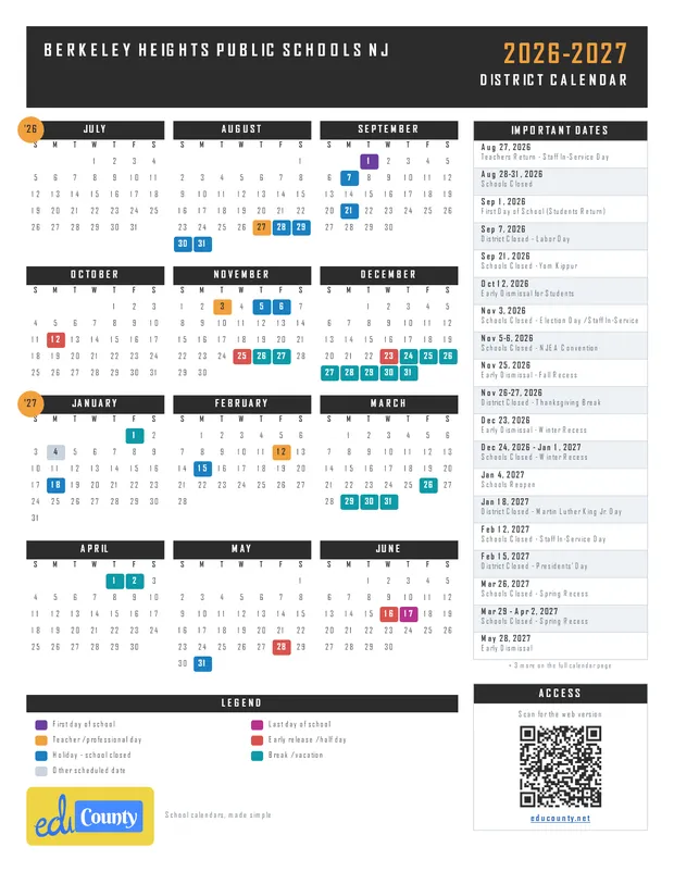 Berkeley Heights Public Schools printable 2026-27 calendar
