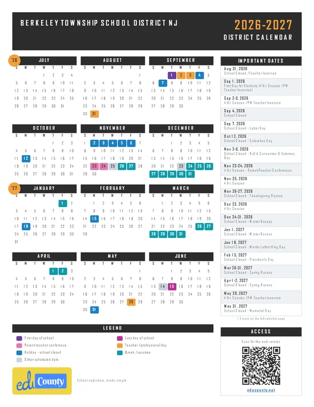 Berkeley Township School District printable 2026-27 calendar