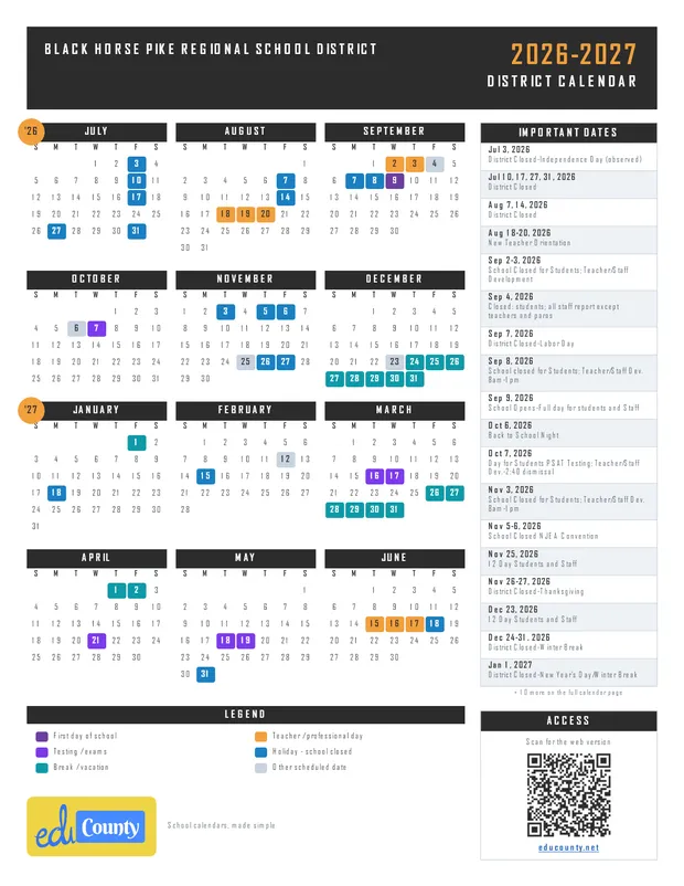 BLACK HORSE PIKE REGIONAL SCHOOL DISTRICT printable 2026-27 calendar