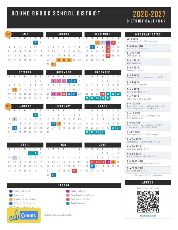 Bound Brook School District printable 2026-27 calendar
