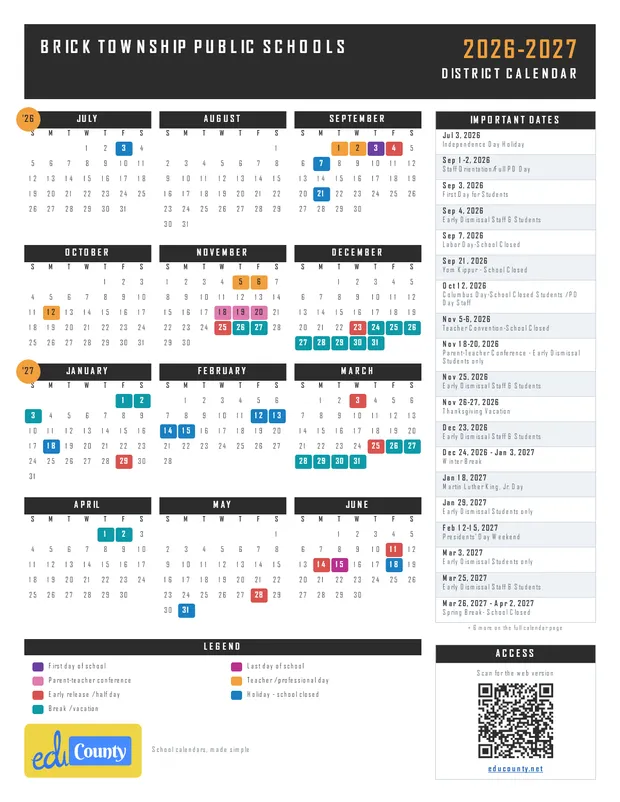Brick Township Public Schools printable 2026-27 calendar