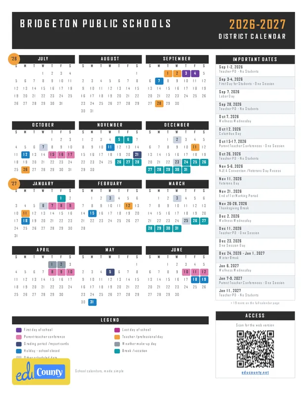Bridgeton Public Schools printable 2026-27 calendar