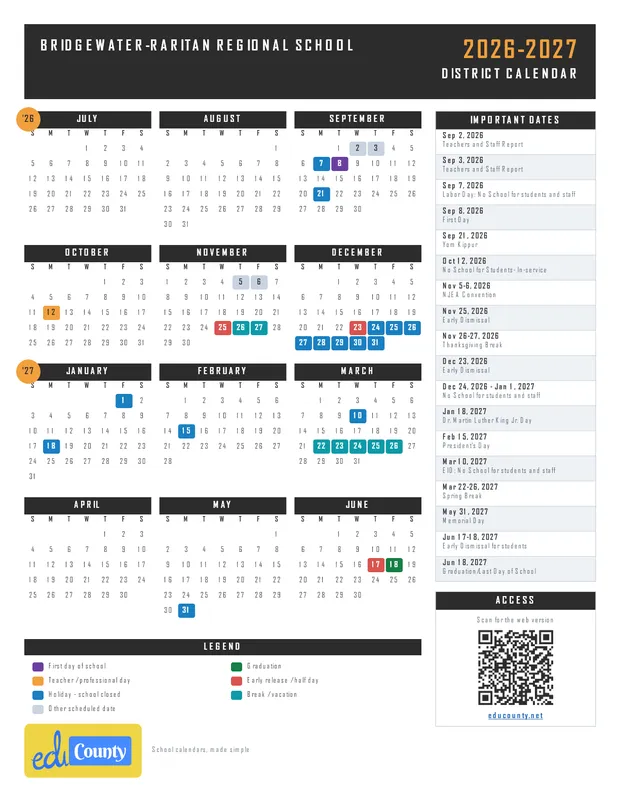 Bridgewater-Raritan Regional School printable 2026-27 calendar