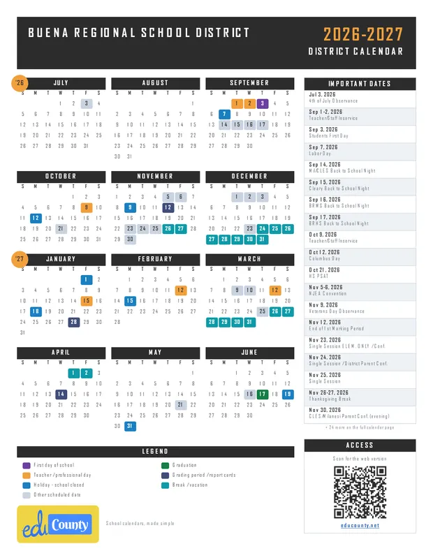 Buena Regional School District printable 2026-27 calendar