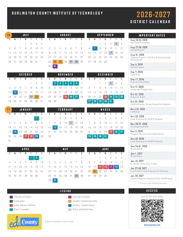 Burlington County Institute of Technology printable 2026-27 calendar
