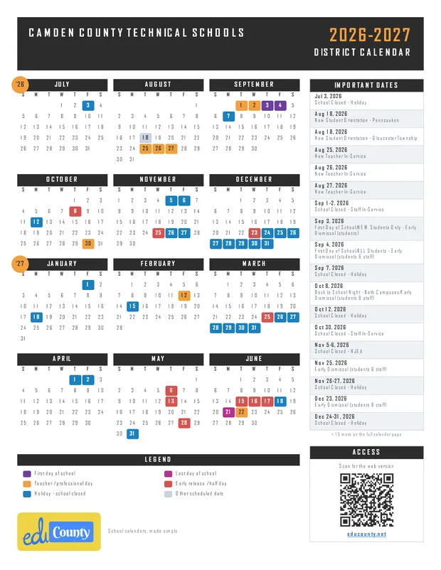 CAMDEN COUNTY TECHNICAL SCHOOLS printable 2026-27 calendar