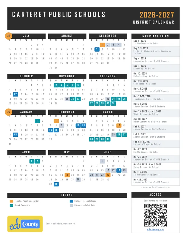 Carteret Public Schools printable 2026-27 calendar
