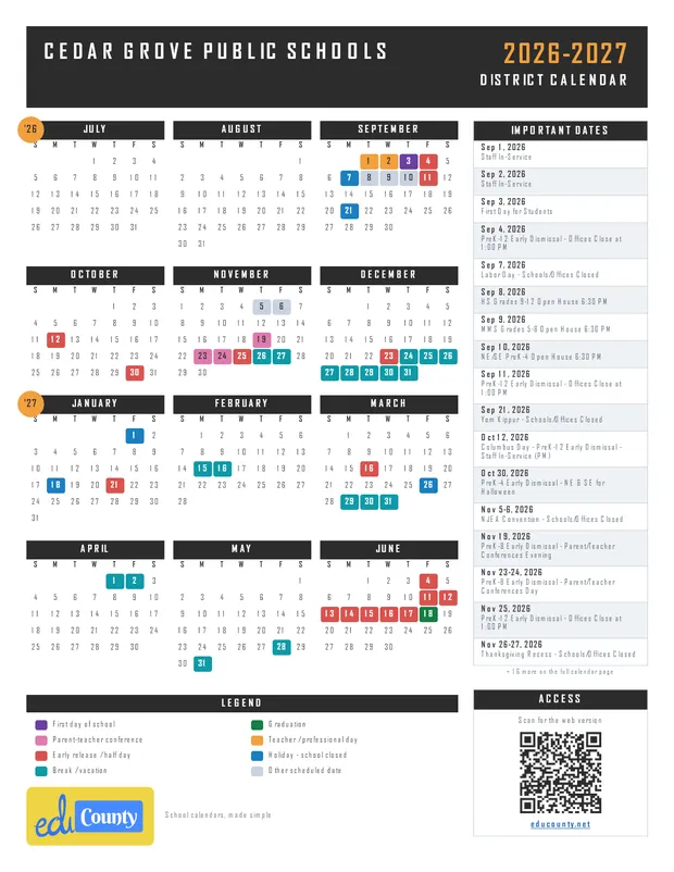 CEDAR GROVE PUBLIC SCHOOLS printable 2026-27 calendar