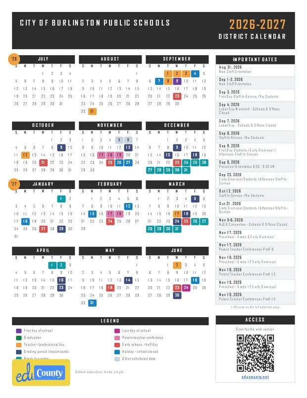 City of Burlington Public Schools printable 2026-27 calendar