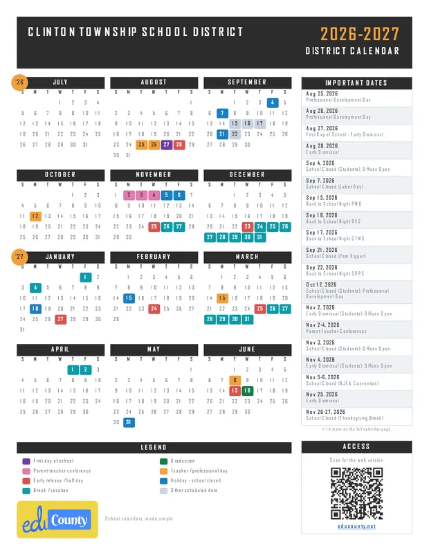 Clinton Township School District printable 2026-27 calendar