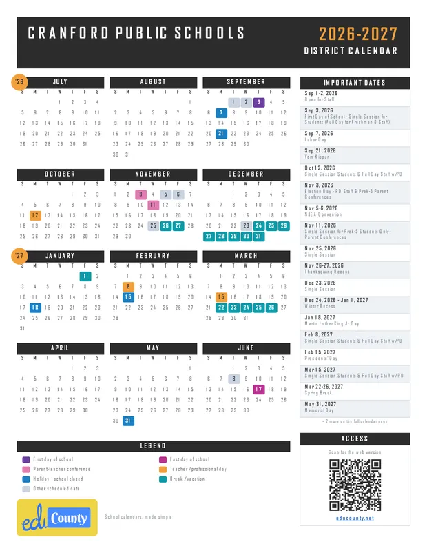 Cranford Public Schools printable 2026-27 calendar
