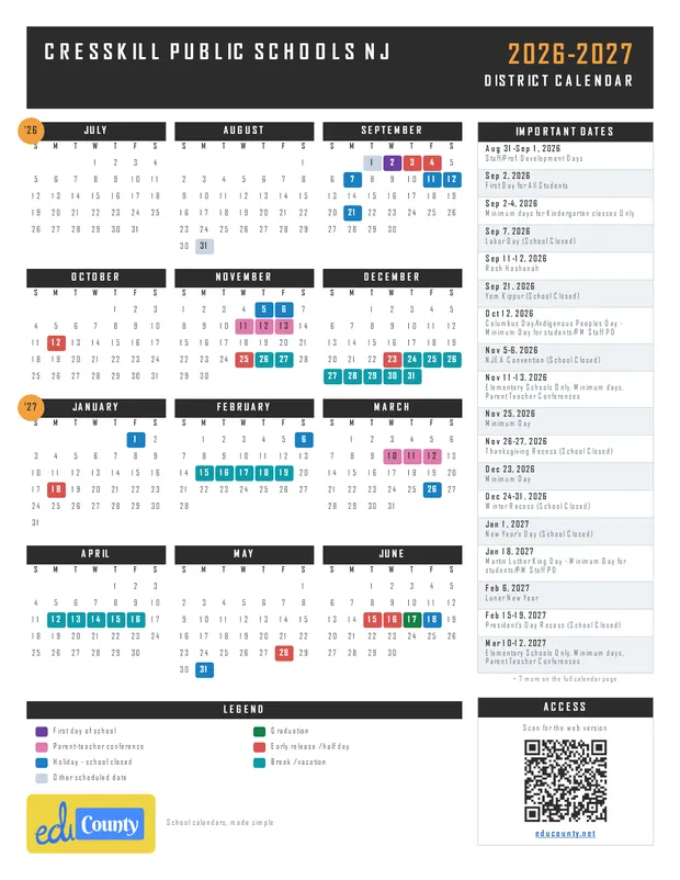 CRESSKILL Public Schools printable 2026-27 calendar