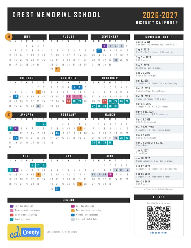 CREST MEMORIAL SCHOOL printable 2026-27 calendar