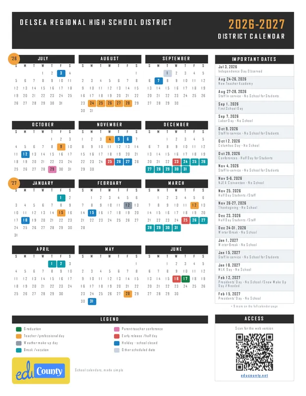 DELSEA REGIONAL HIGH SCHOOL DISTRICT printable 2026-27 calendar
