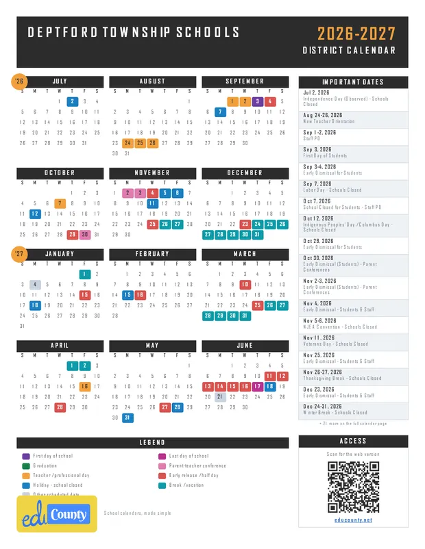 Deptford Township Schools printable 2026-27 calendar